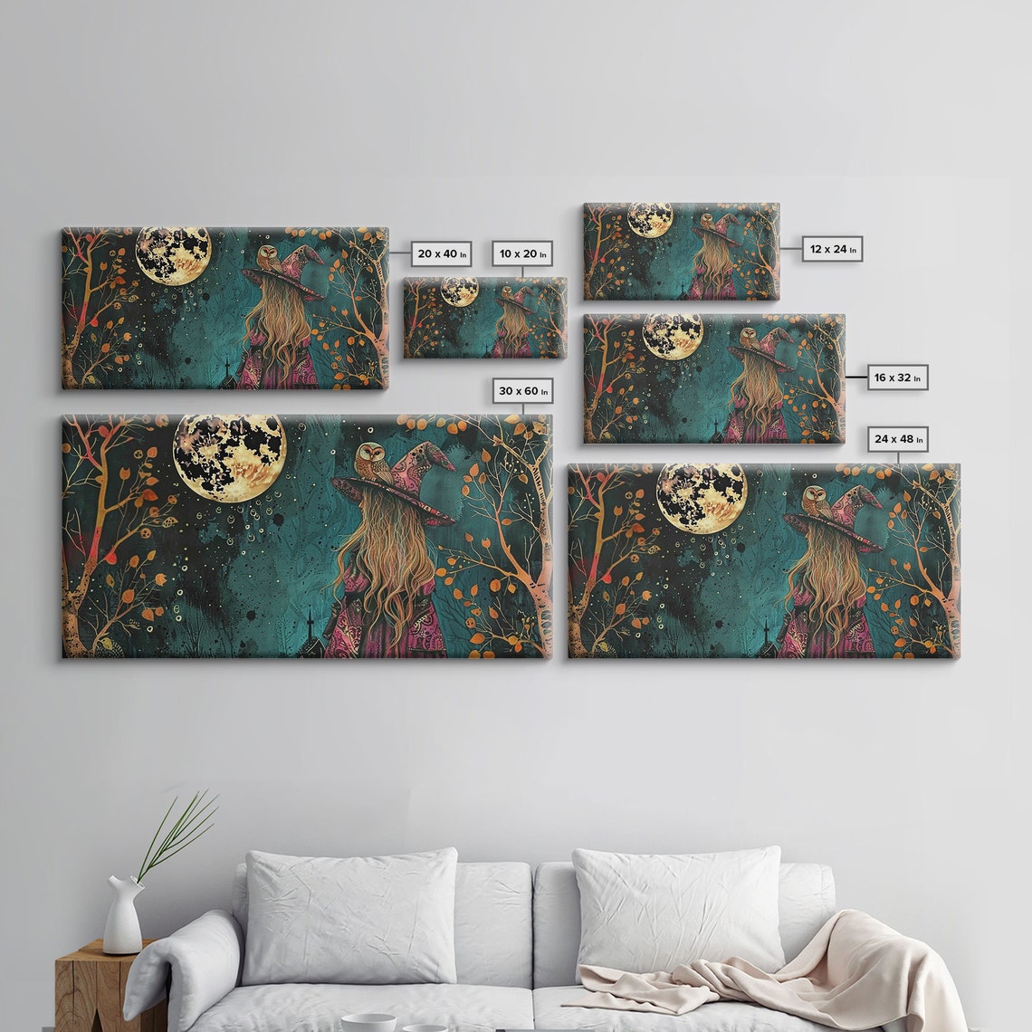 Victorian Witch With Owl Familiar Gazing At Full Moon Art Print - Image 2