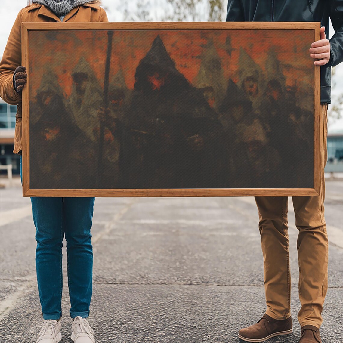 Hooded Cult Gathering Ritual Orange Night Sky Dark Horror Art Poster - Image 3