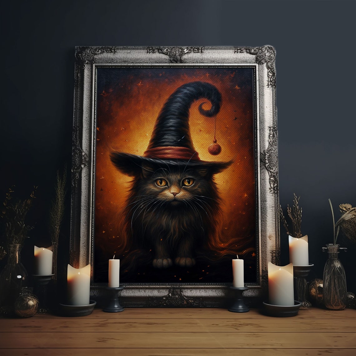 Black Cat Familiar In Tall Witch Hat Fiery Orange Halloween Print