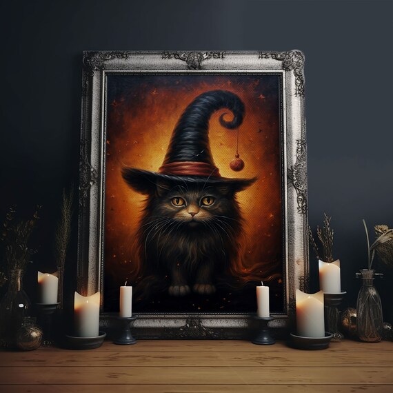 Black Cat Familiar In Tall Witch Hat Fiery Orange Halloween Print