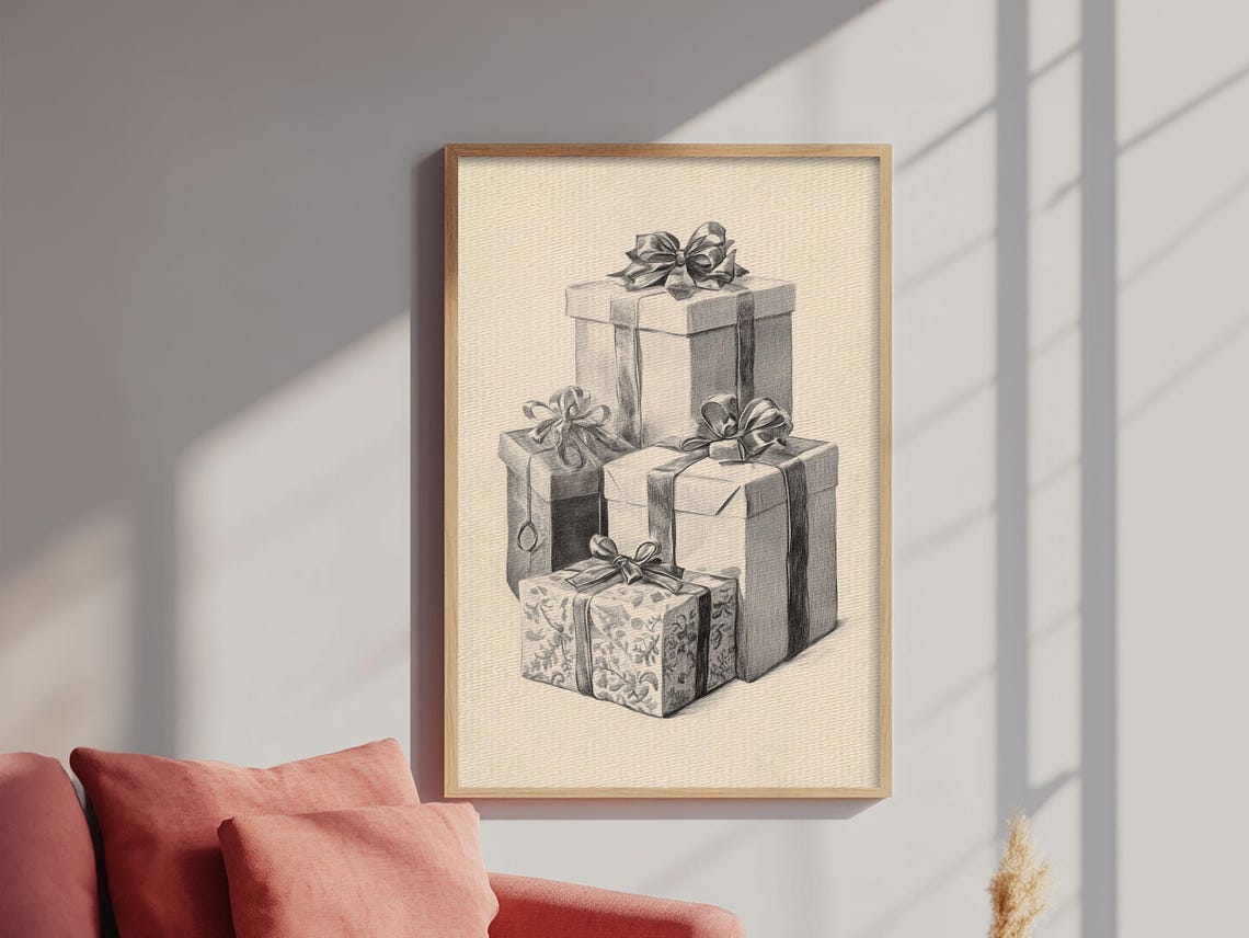 Christmas Gifts Sketch Minimalist Holiday Gift Boxes Pencil Art Poster - Image 4
