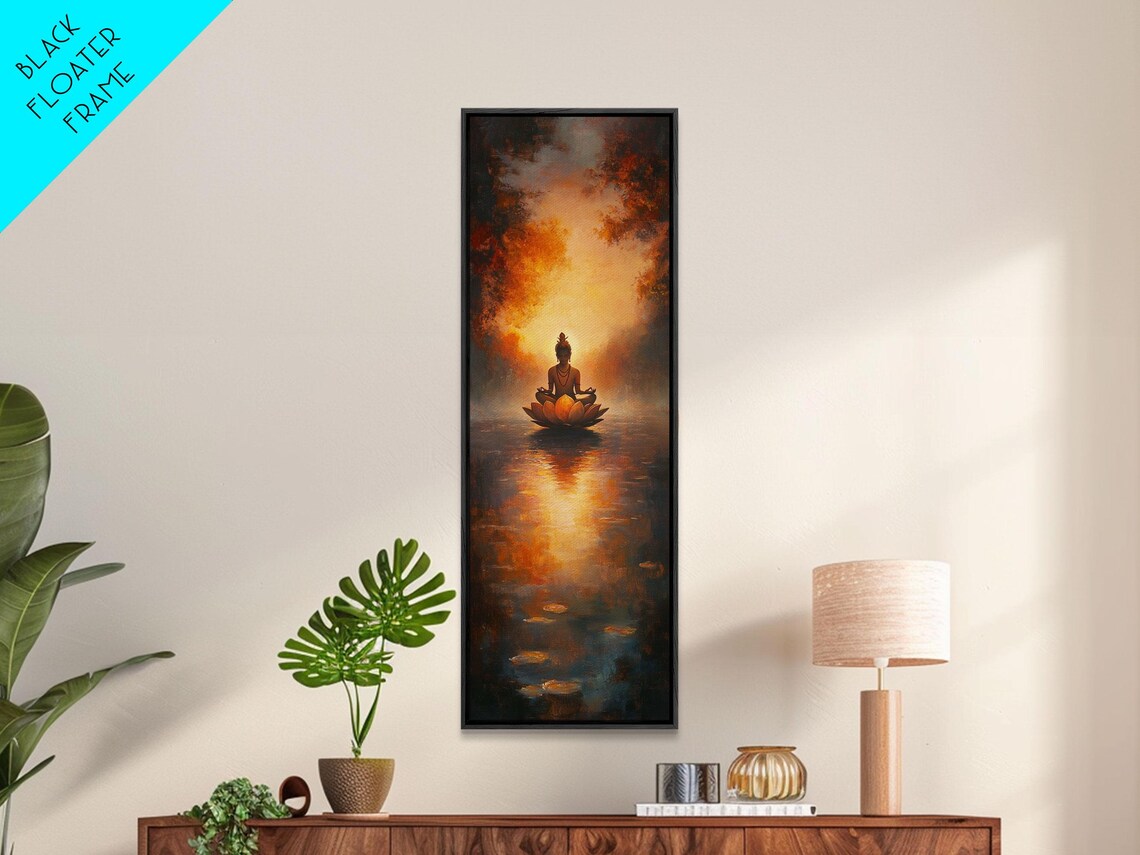 Meditating Figure Lotus Pond Fiery Sunset Spiritual Yoga Wall Art - Image 5