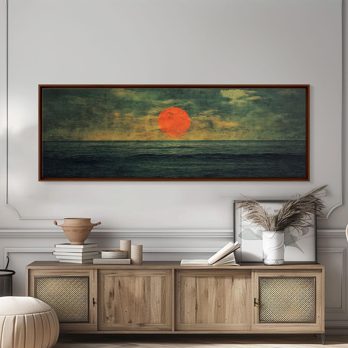 Ocean On Fire Panoramic Sunset Red Sun Deep Green Sea Moody Boho Poster - Image 2
