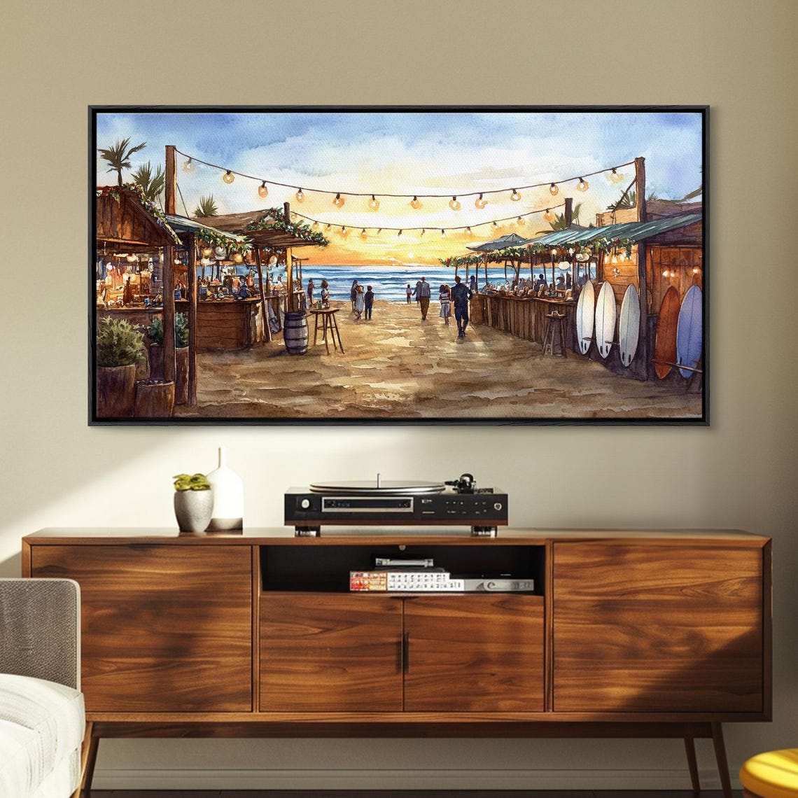 Beachside Christmas Market Sunset Boardwalk Stalls Surfboards Wall Art - Image 5