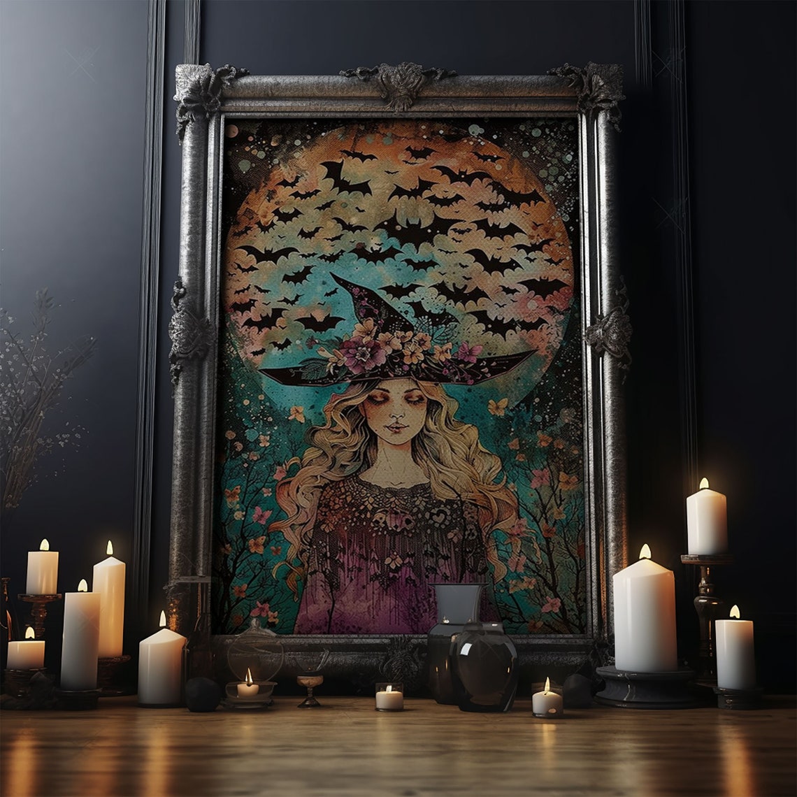 Blonde Witch With Bats Under Full Moon Floral Hat Illustration Poster - Image 5