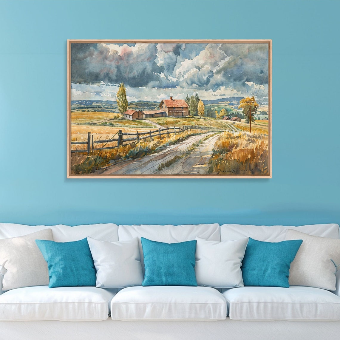 Watercolor Farm Road Red Barns Split Rail Fence Storm Clouds Poster - Image 3
