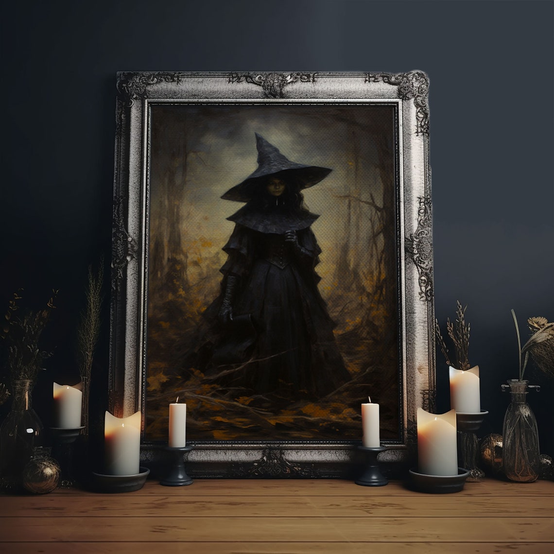 Gothic Witch Standing In Misty Autumn Forest Vintage Halloween Print