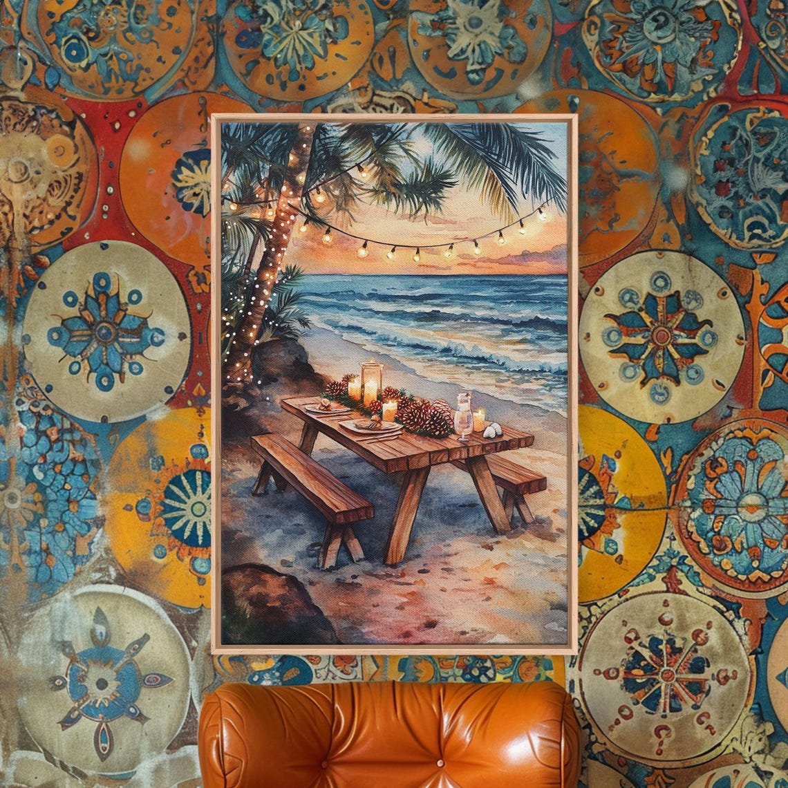 Sunset Beach Picnic Table With String Lights Ocean View Poster