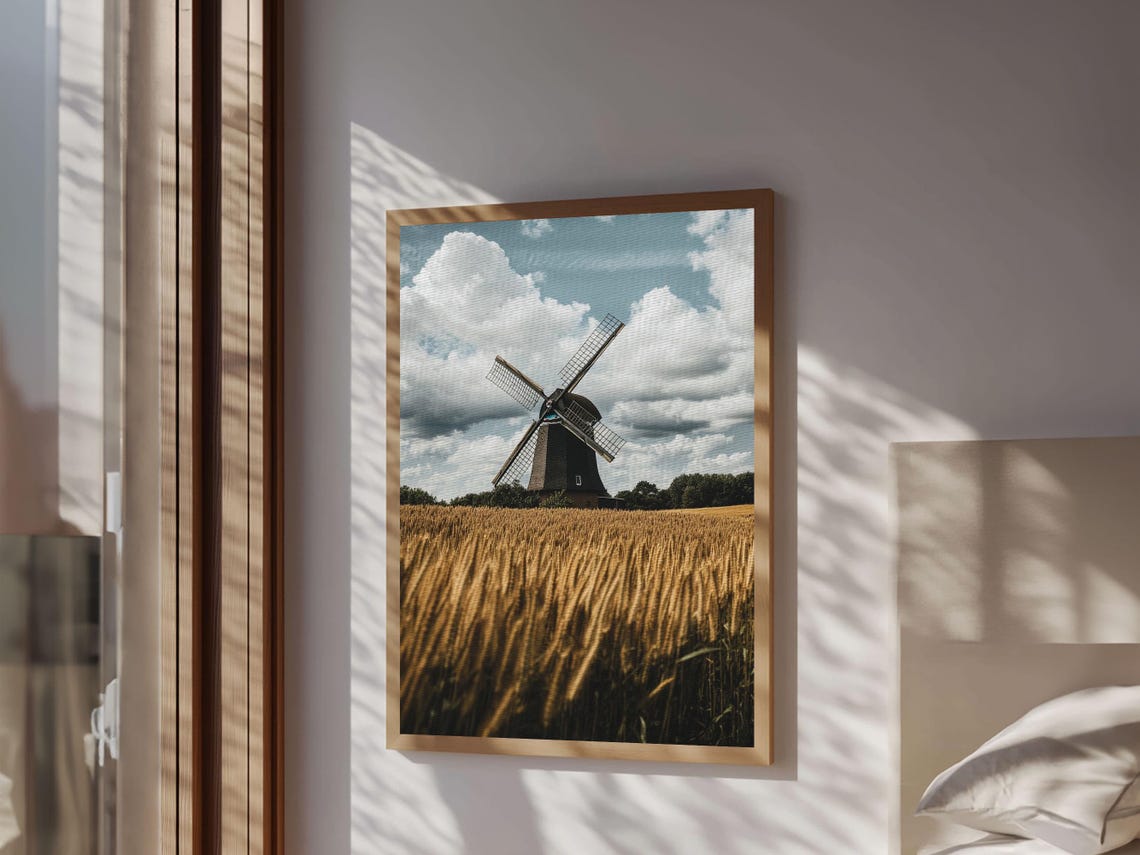 Wheat Field Windmill Framed Print Rustic Farmhouse Artwork Windmill Wall Art Minimalist Landscape Wall Decor Living Room Art - Image 5