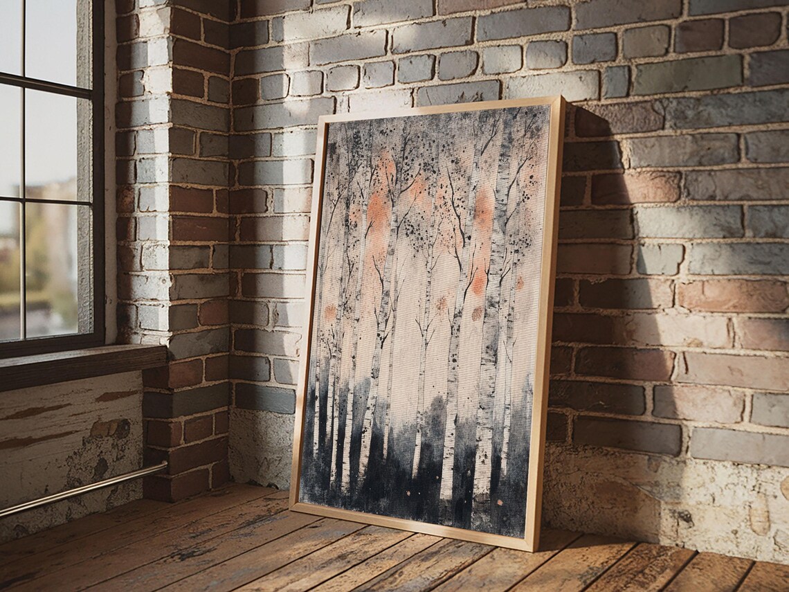 White Birch Trees Misty Forest Minimalist Blush Pink Woodland Poster - Image 2