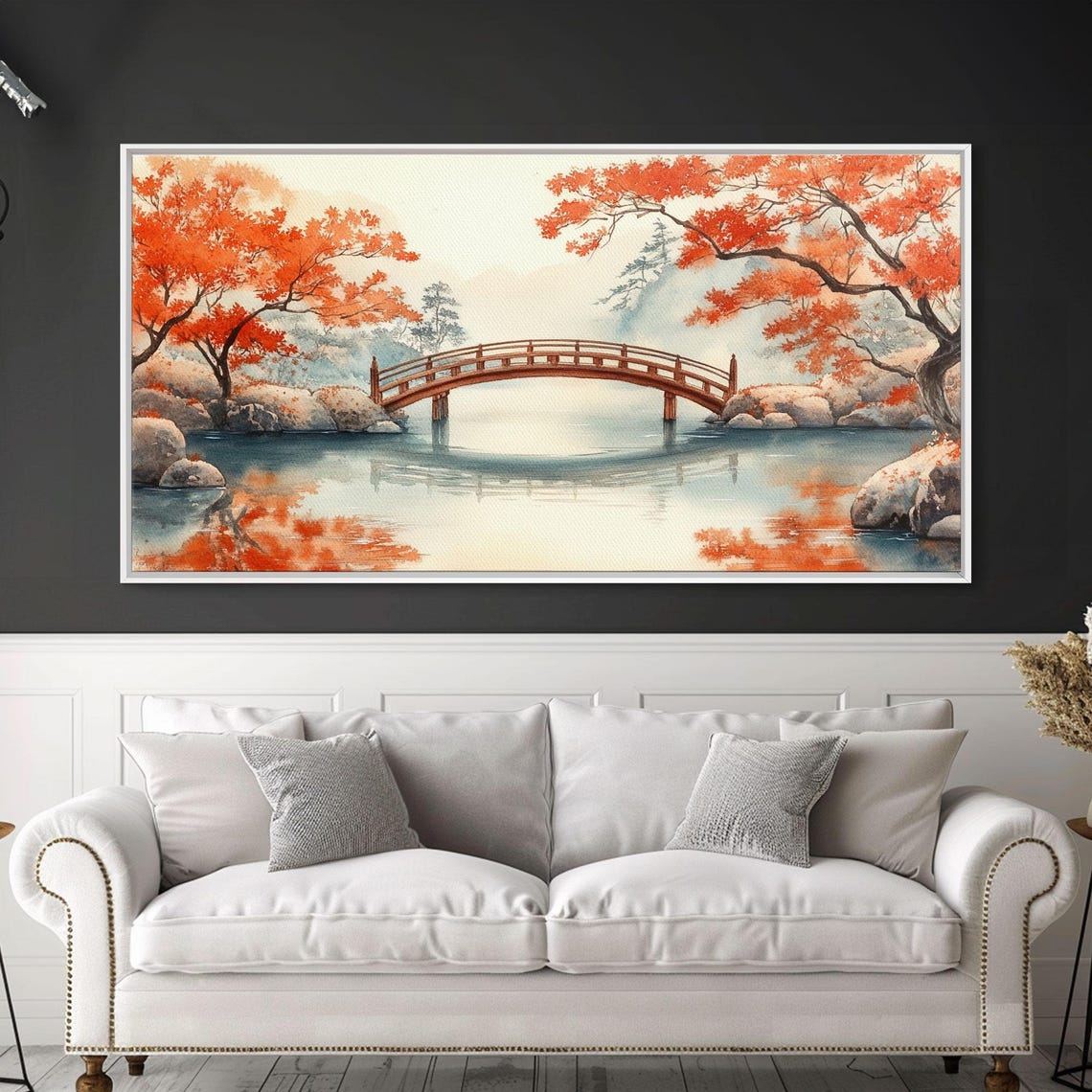 Red Arched Bridge Japanese Garden Autumn Pond Reflections Art Print - Image 5