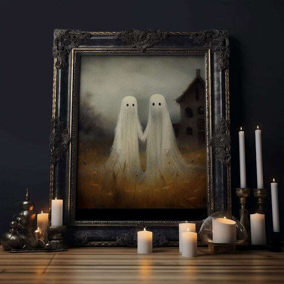 Two Cute Ghosts Holding Hands In Golden Field By Haunted Barn Poster