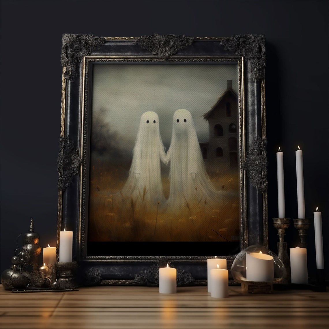 Two Cute Ghosts Holding Hands In Golden Field By Haunted Barn Poster