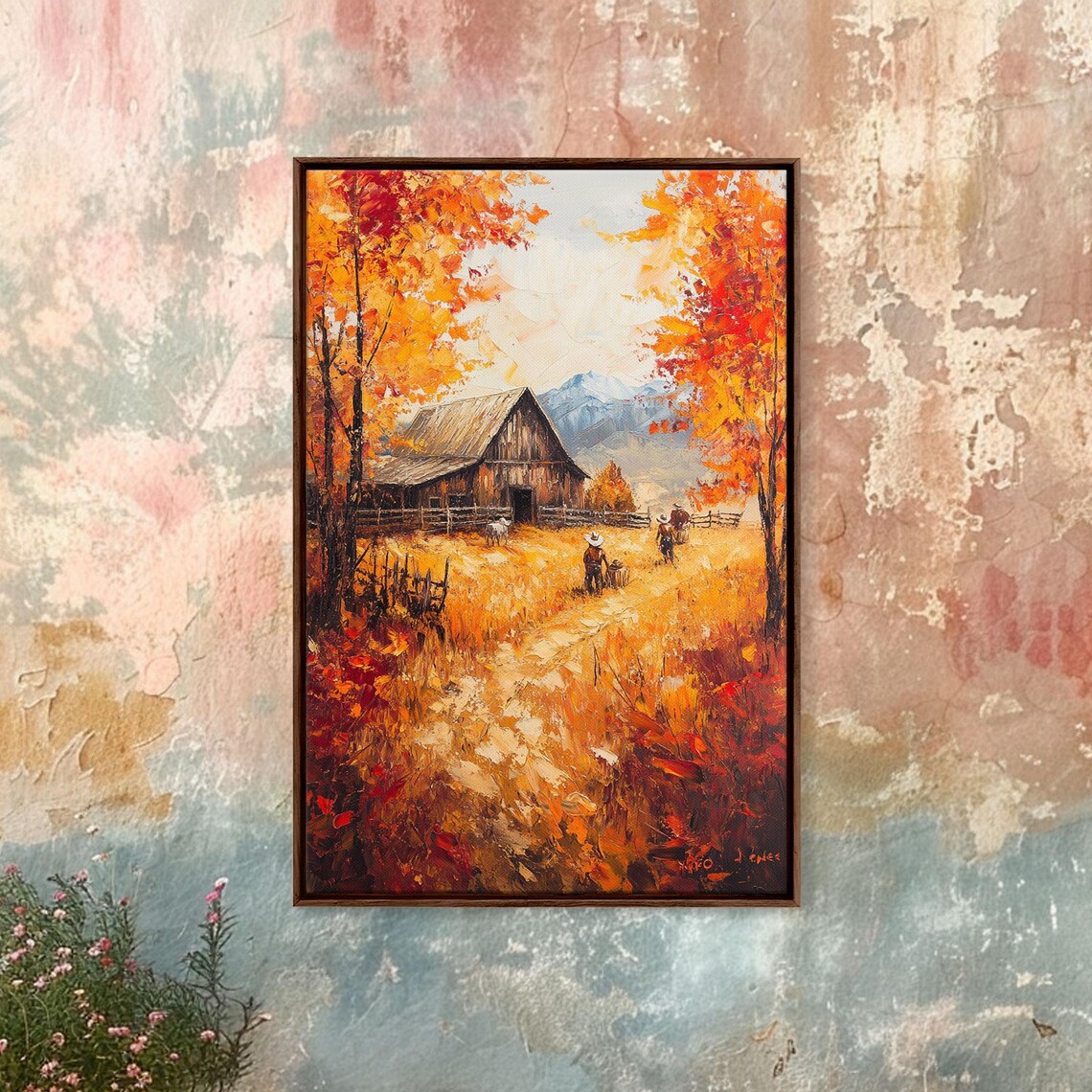 Autumn Barnyard With Barn Golden Field Mountain View Art Poster - Image 5