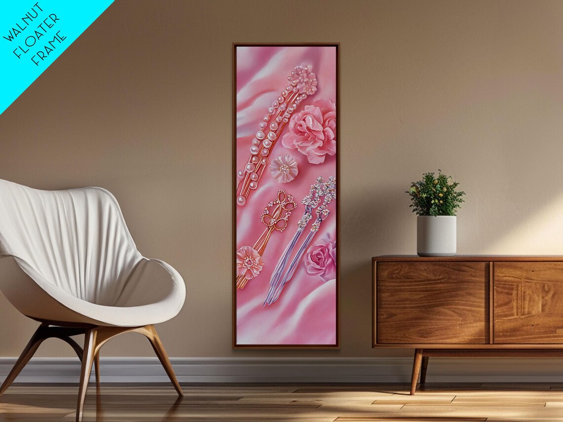 Pink Pearl Hairpins Flowers Silk Watercolor Feminine Art Poster - Image 3