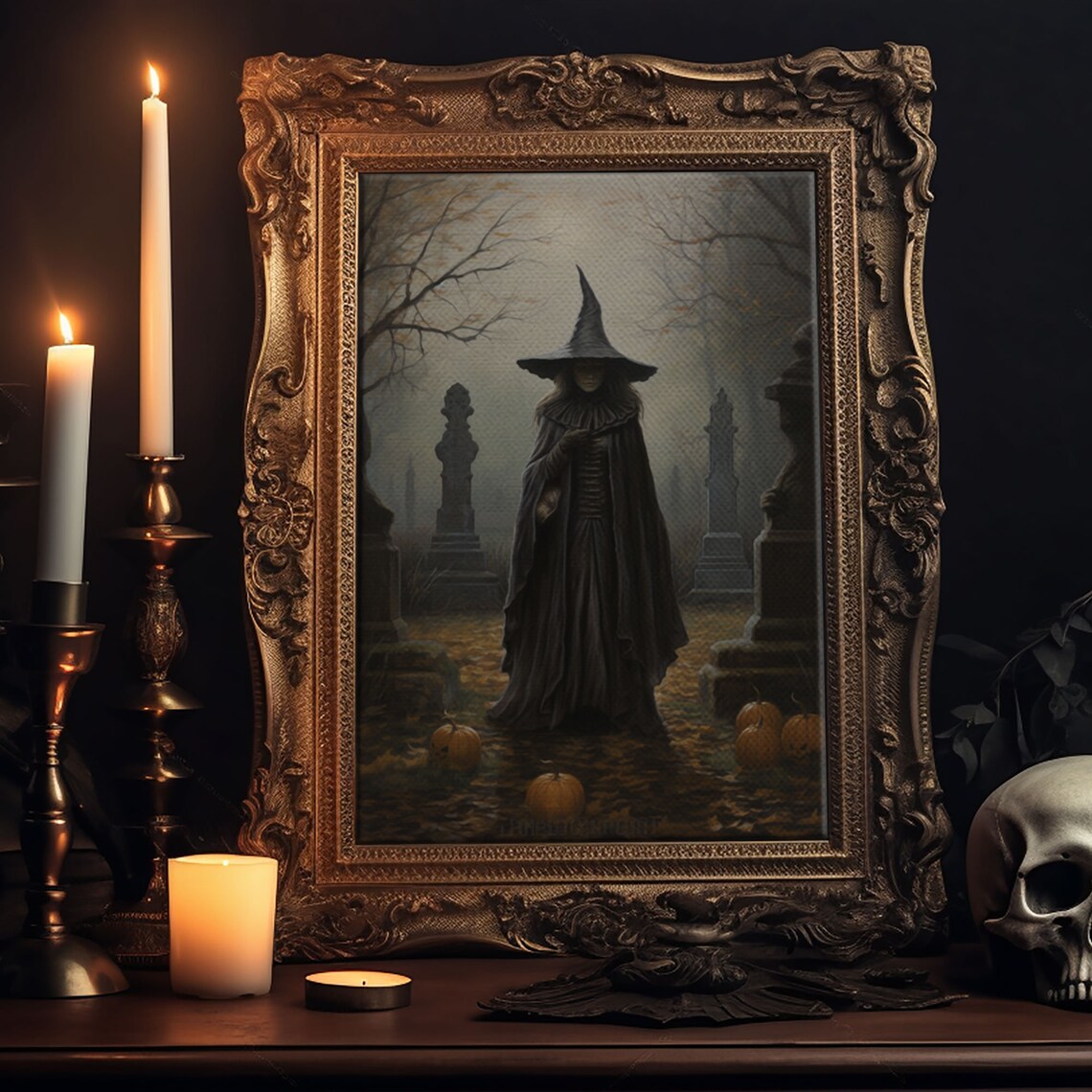 Witch in the Cemetery, Vintage Halloween Art Print