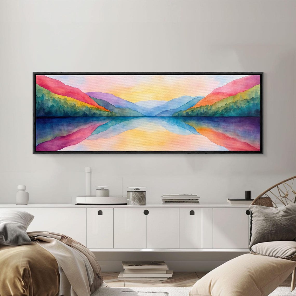 Rainbow Watercolor Mountain Lake Sunset Panoramic Colorful Poster