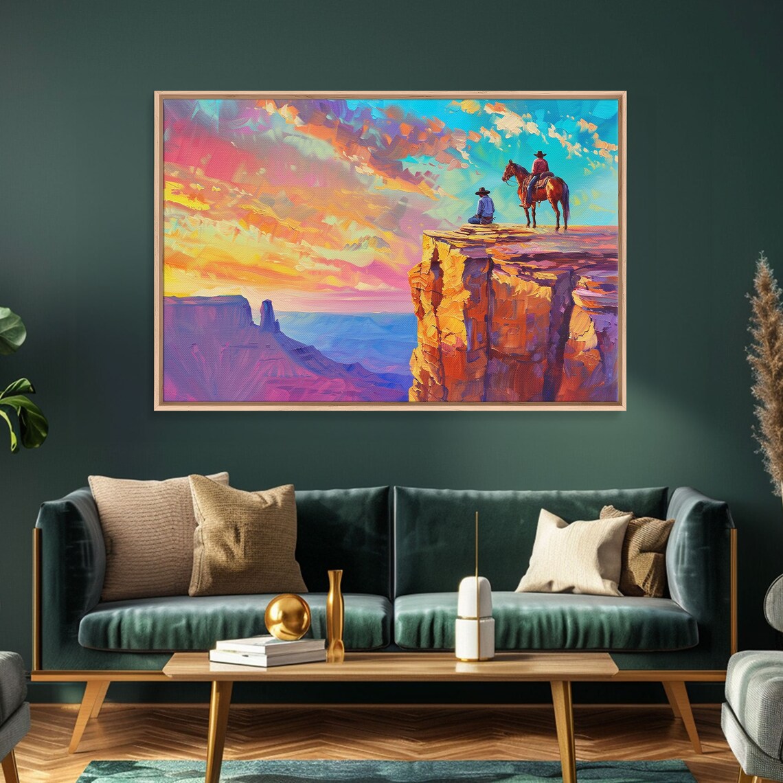 Two Cowboys Canyon Cliff Sunset Horses Colorful Western Poster - Image 5