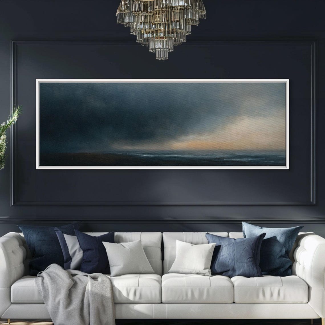 Framed Moody Wall Art Panoramic Seascape On A Stormy Day Dark Decor Cloudy Sky Art Above Bed Decor Above Sofa Painting - Image 2