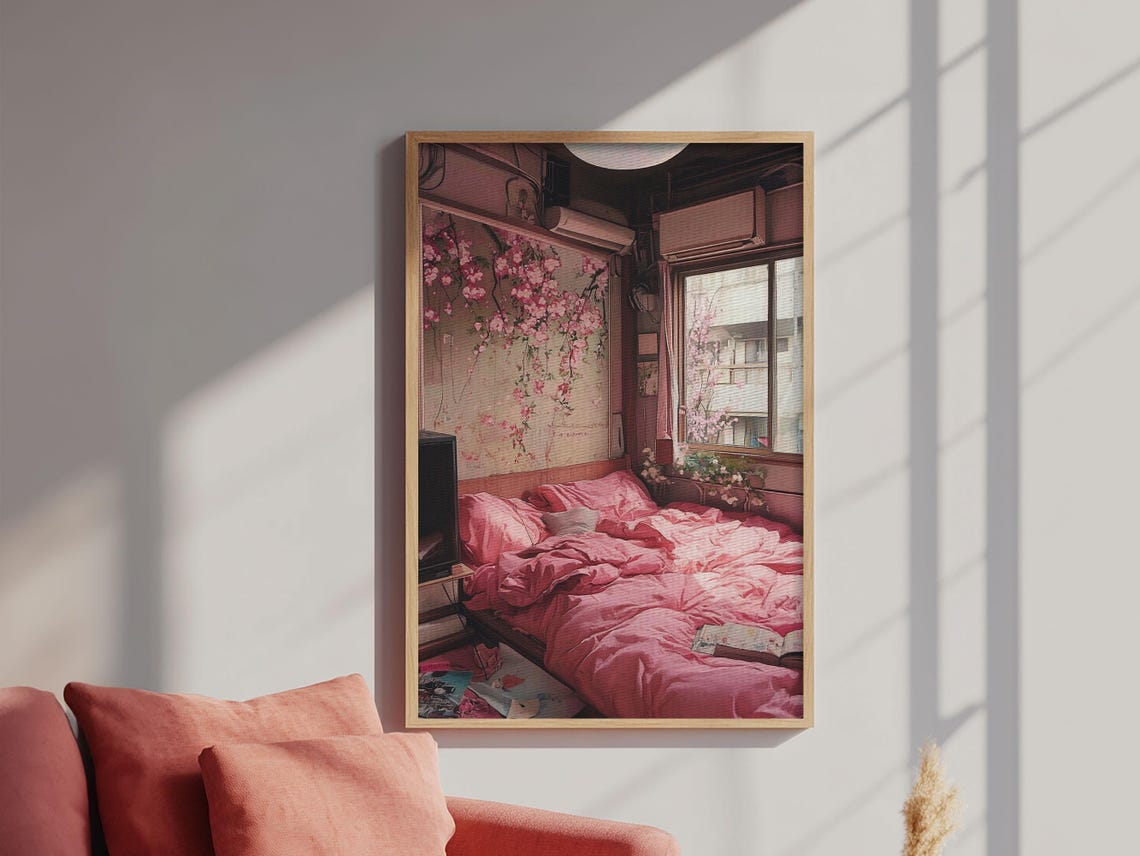 Cozy Pink Bedroom Cherry Blossom Dreamy Interior Room Art Wall Poster - Image 6