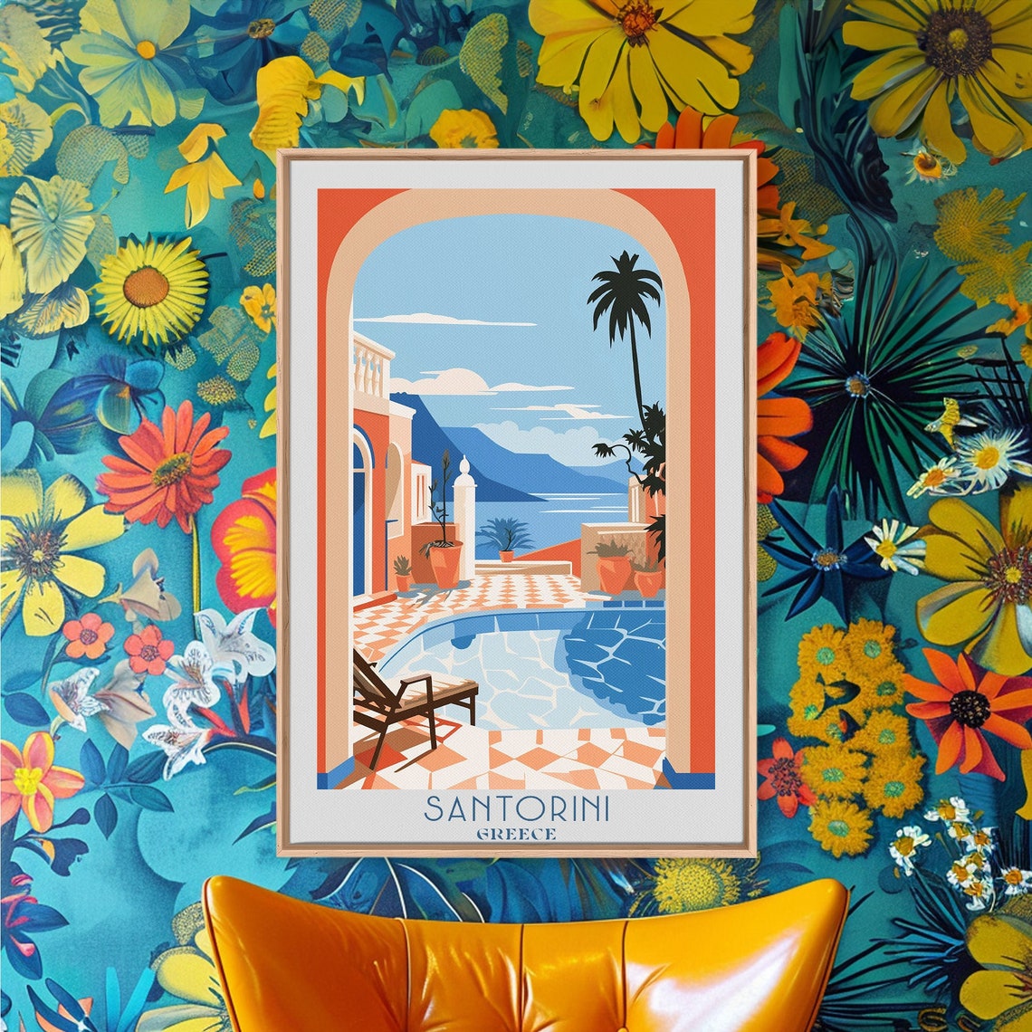 Santorini Greece Arched Terrace Pool Aegean Sea View Travel Poster - Image 3