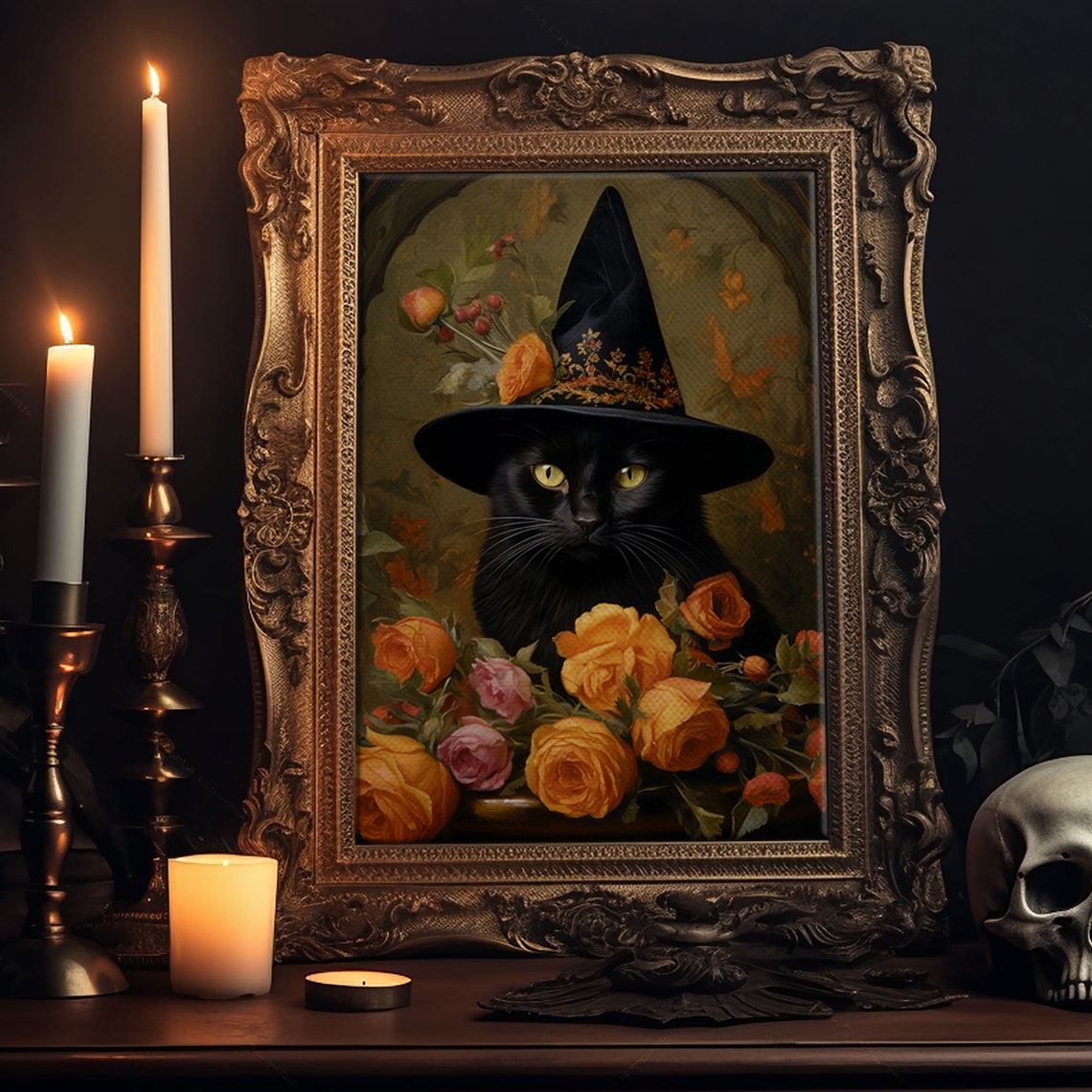 Black Cat In Rose Covered Witch Hat Among Orange Roses Poster - Image 5