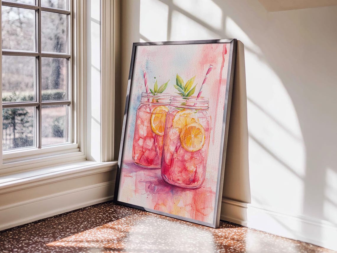 Pink Lemonade Mason Jars Watercolor Citrus Summer Refreshing Poster - Image 6