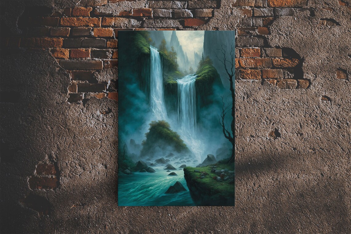 Fantasy Waterfall Oil Painting Art Print, Living Room Decor