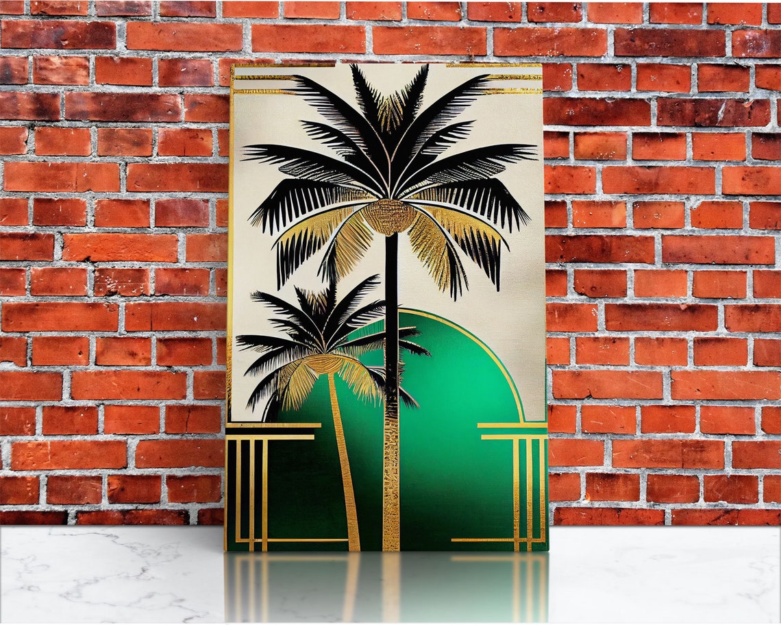 Boho Modern Frank Lloyd Wright Inspired Art Deco Print Emerald Green And Gold Palm Tree Wall Decor Wall Art Original Mcm Art - Image 3