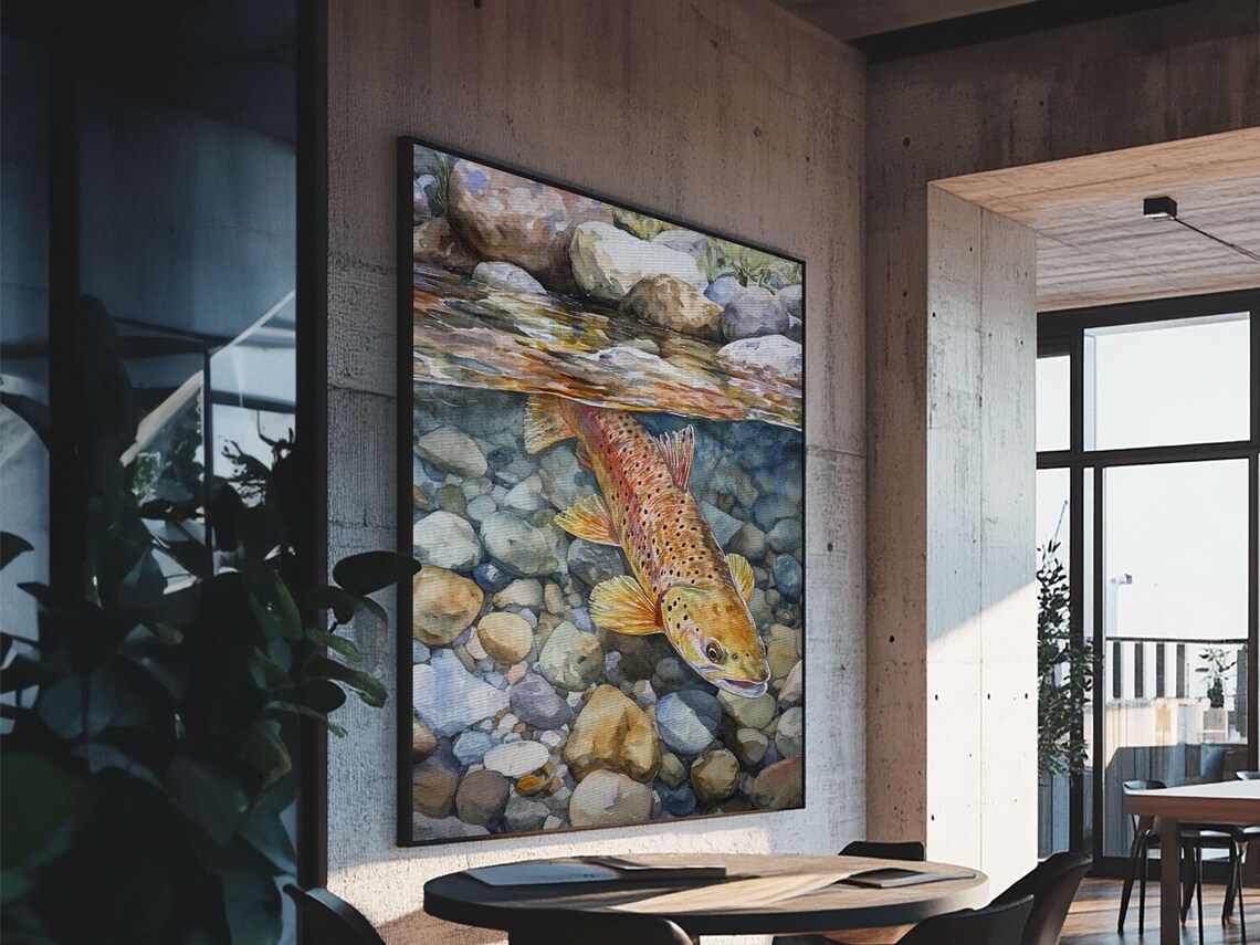 Brown Trout Swimming Art Print, Rustic Cabin Decor - Image 4