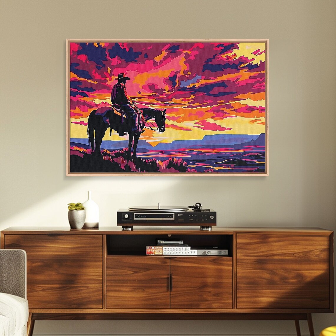 Wild West Cowboy at Sunset Neon Pop Art Horse Silhouette Art Poster