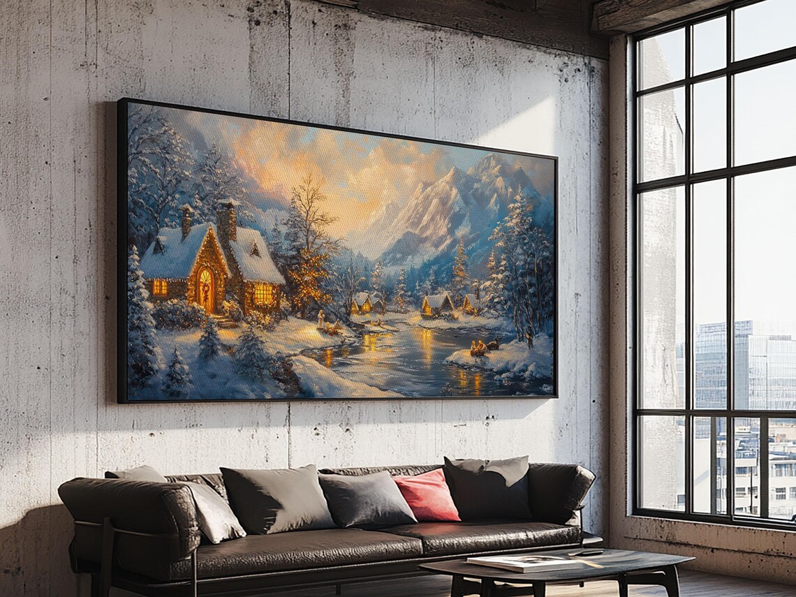 Christmas Village By The Snowy Lake At Dusk Holiday Scene Poster - Image 6