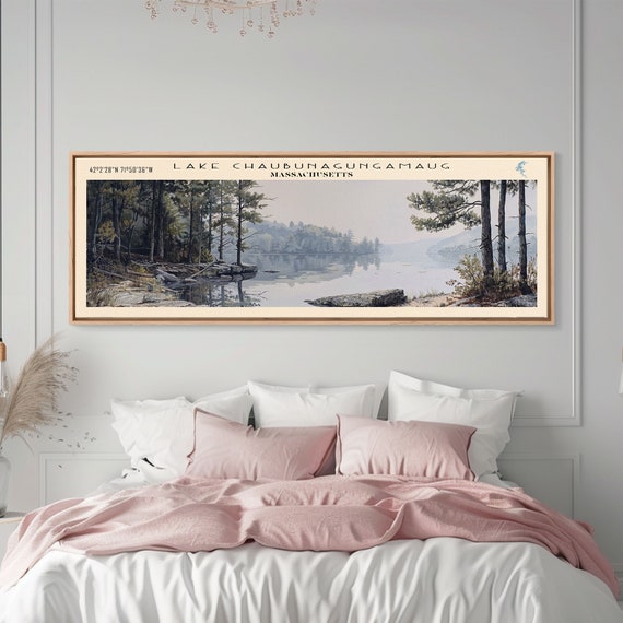 Lake Chaubunagungamaug Framed Print Lake House Decor Panoramic Wall Art Travel Poster Beautiful Lake Painting Home Art