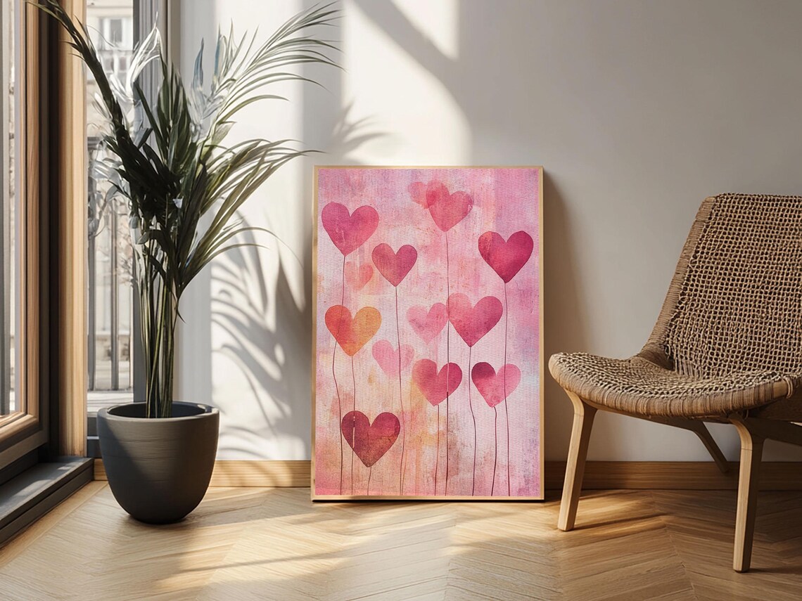 Pink Heart Balloons Watercolor Whimsical Love Valentines Wall Poster