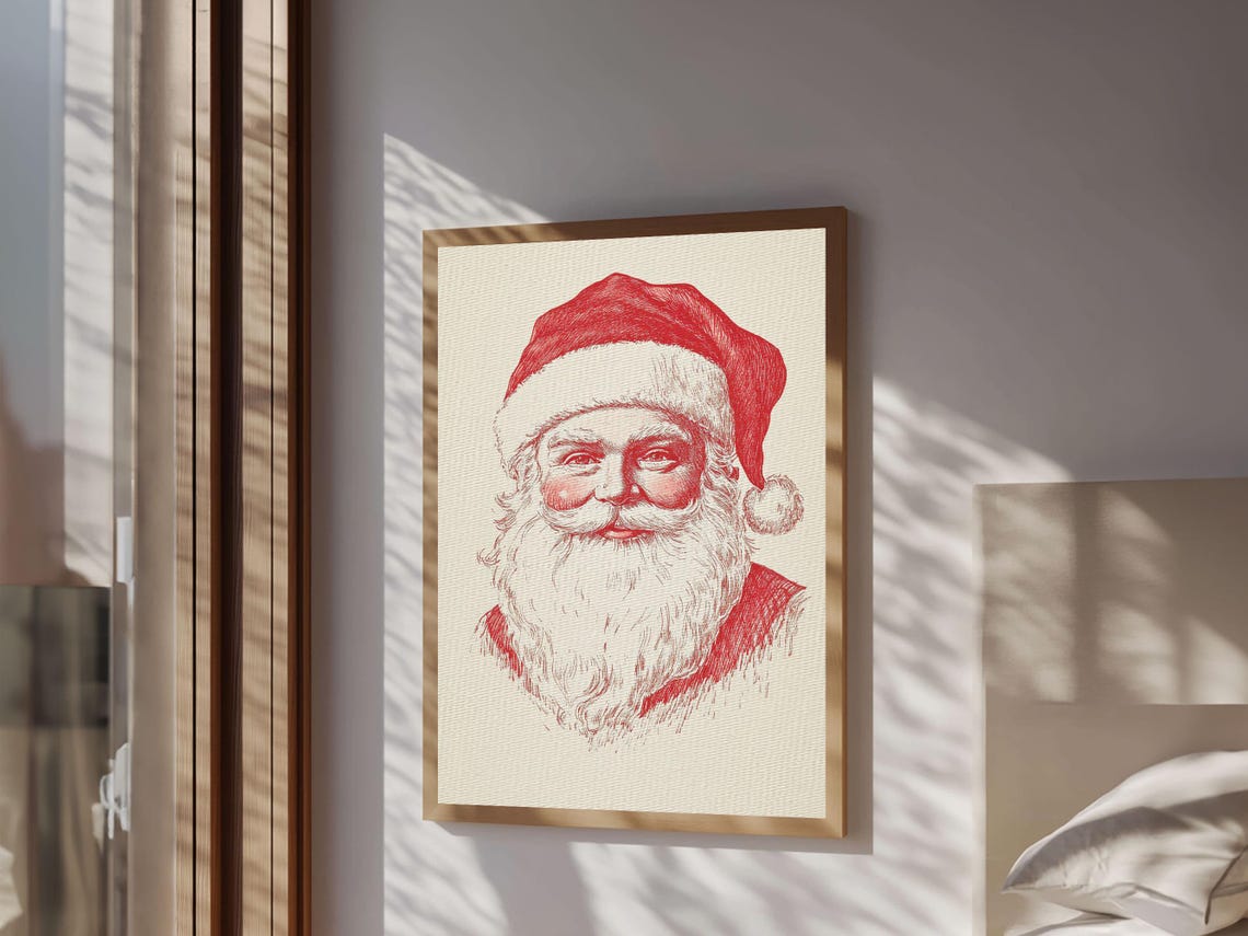 Retro Santa Claus Portrait Red Line Art Christmas Holiday Wall Poster - Image 3