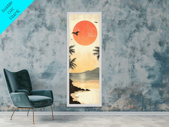Seagulls At Sunset Beach Framed Print Coastal Wall Art Tropical Landscape Art Nautical Painting Living Room Decor