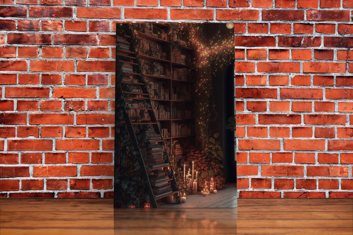 Dark Academia Moody Library Ladder Candlelit Bookshelves Art Poster