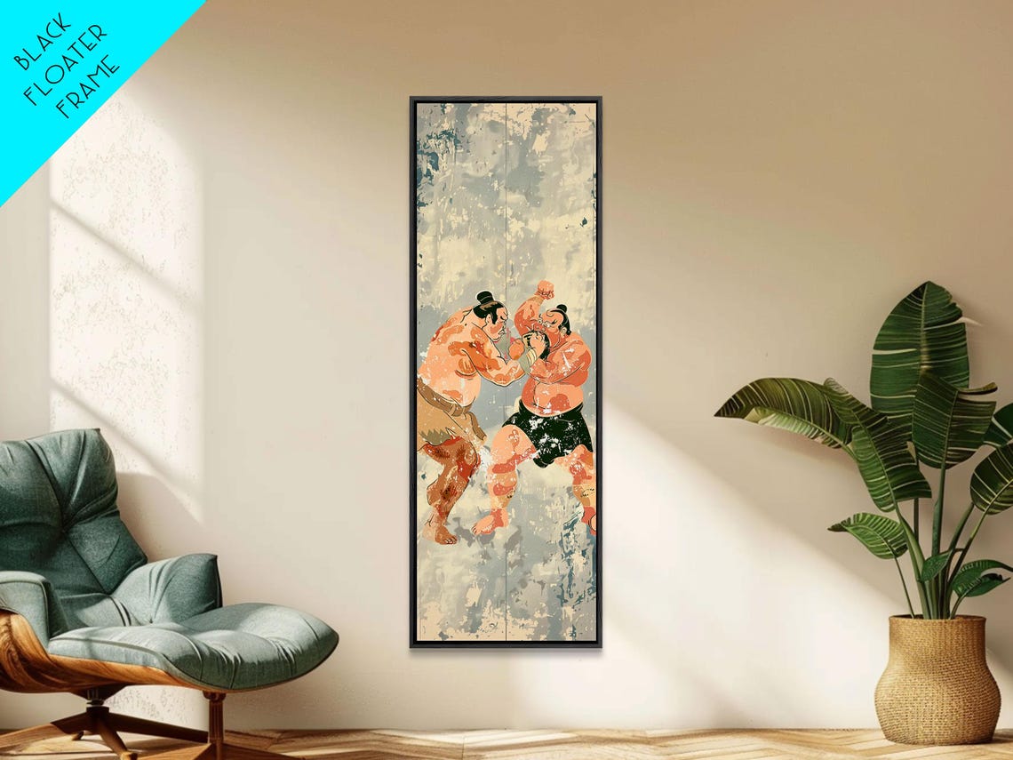 Two Sumo Wrestlers In Action Vintage Japanese Vertical Art Print - Image 6