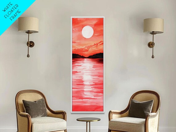 Coral Sunset Ocean Watercolor Painting Big Sun Seascape Vertical Poster