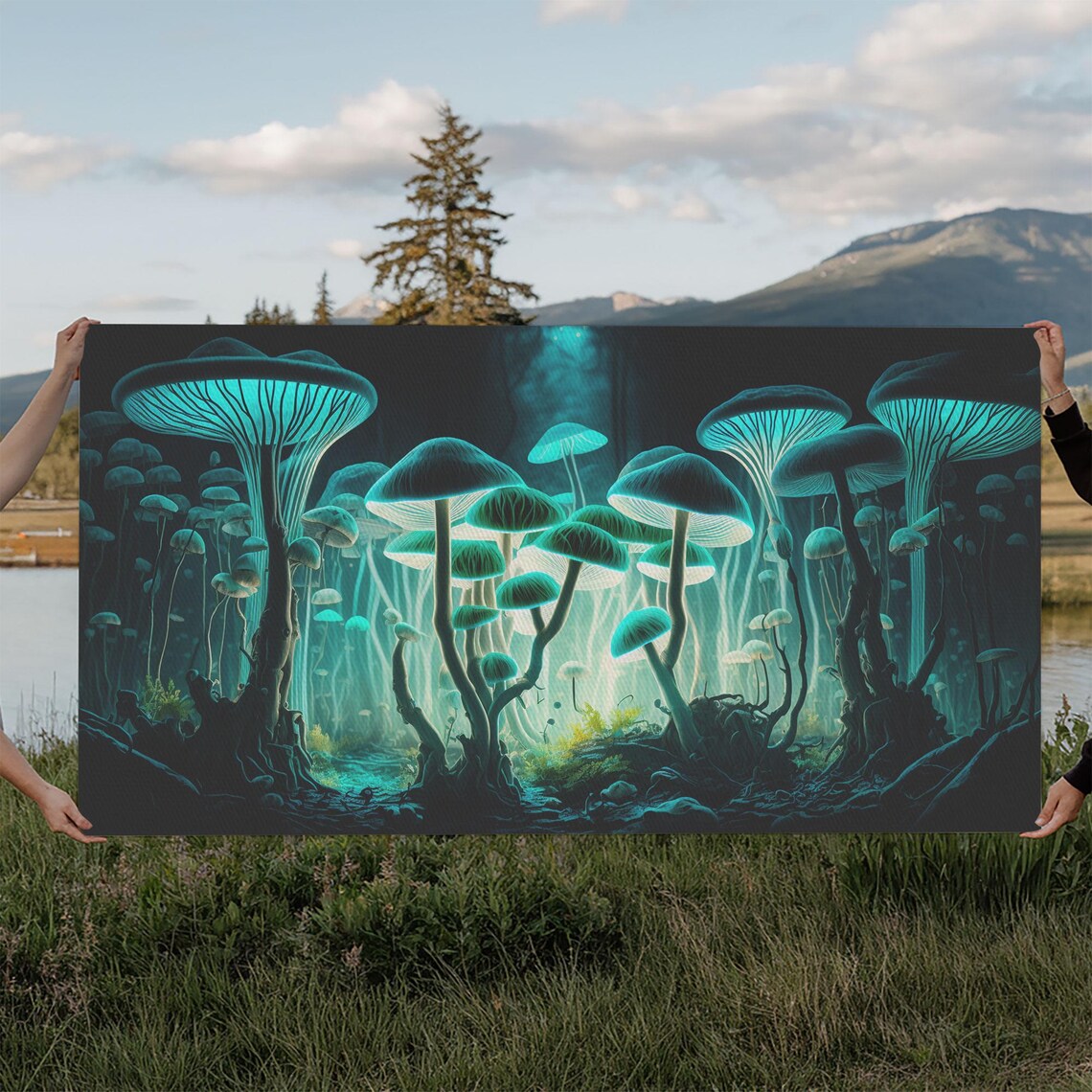 Glowing Bioluminescent Mushrooms Dark Forest Floor Teal Fantasy Poster