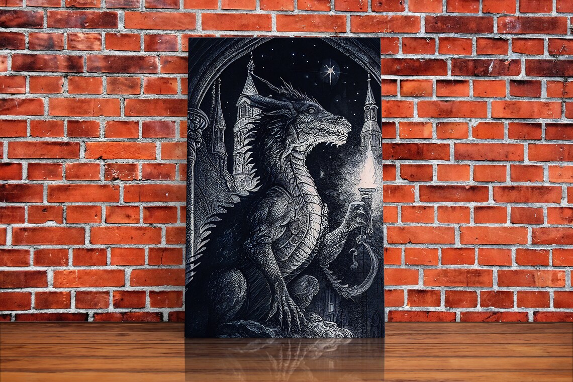 Black And White Fantasy Dragon Wall Art Print - Image 2