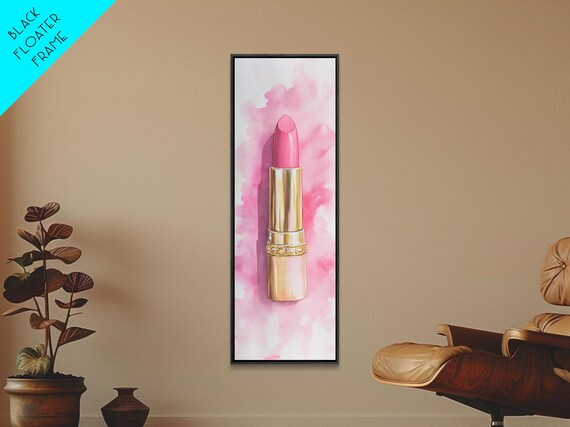 Pink Lipstick Watercolor Painting Gold Tube Makeup Beauty Vertical Poster
