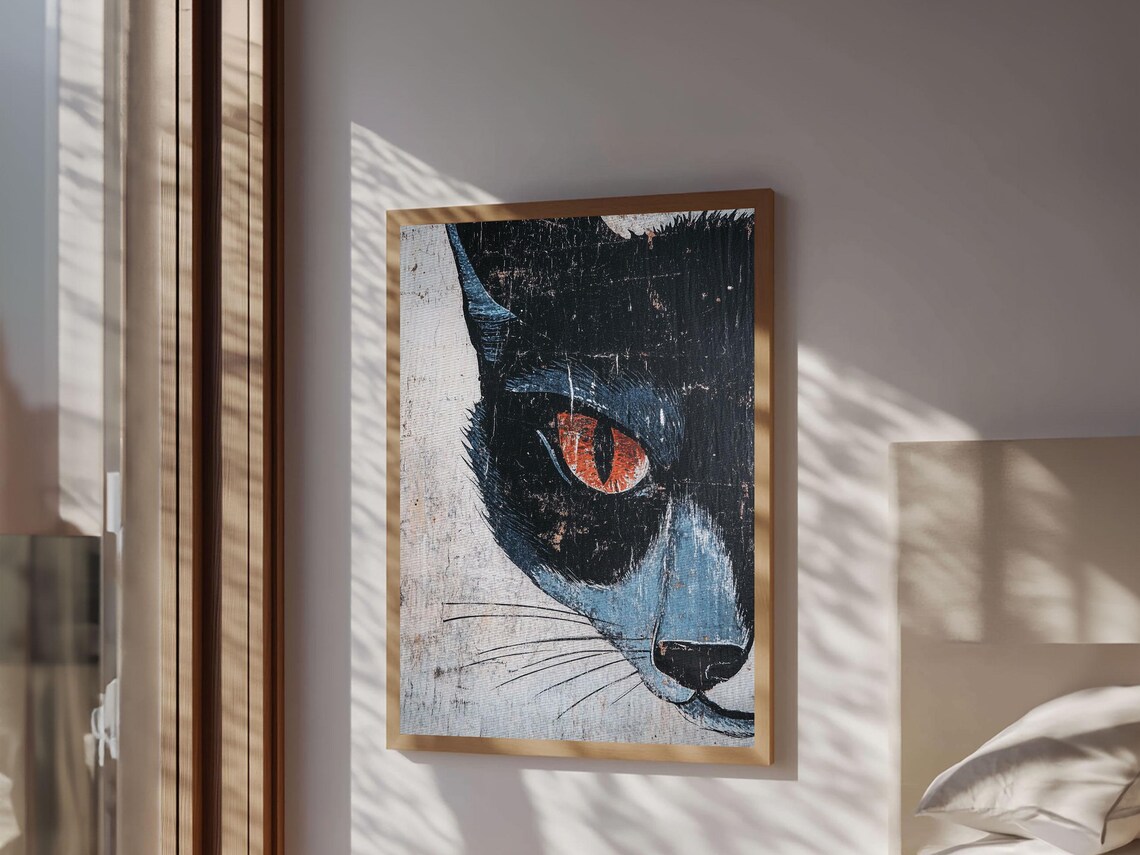 Black Cat Closeup Portrait Orange Eye Vintage Distressed Wabi Sabi Poster
