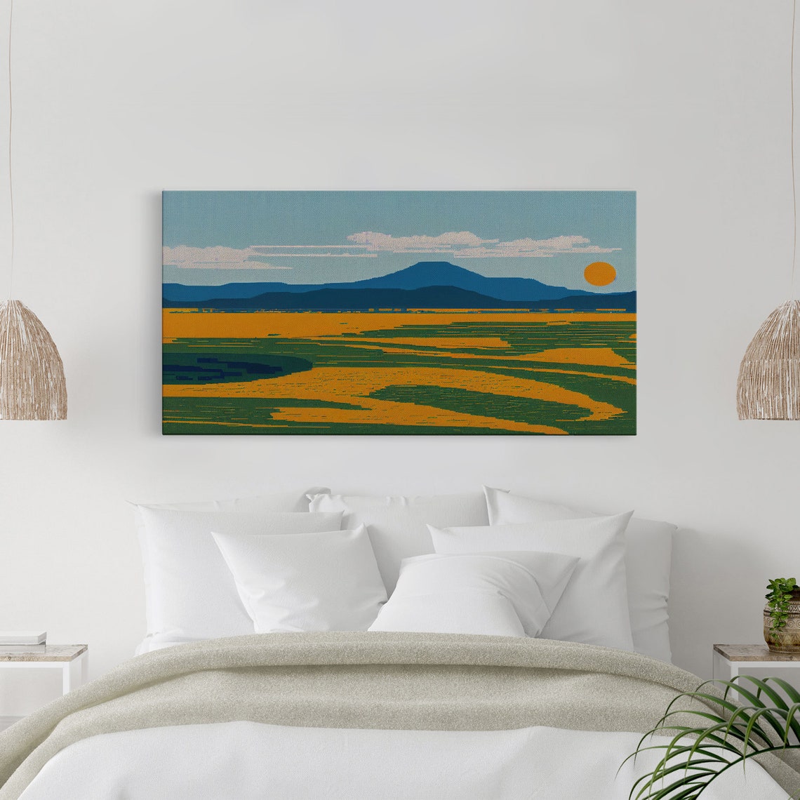 Pixel Art Mountain Landscape With Orange Sun Retro Gaming Style Print
