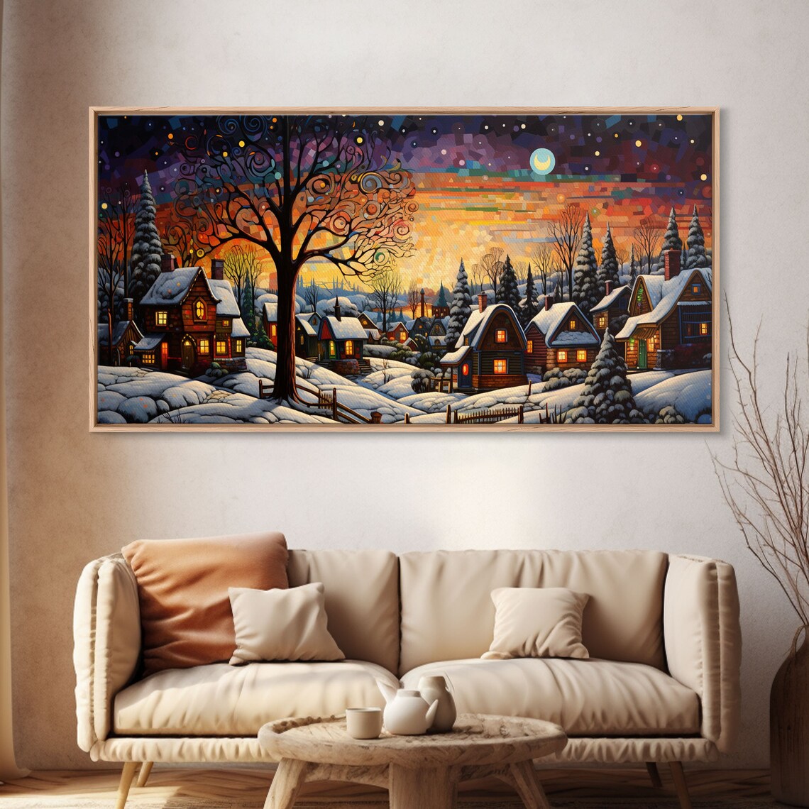 Snowy Christmas Village Night Colorful Starry Sky Panoramic Poster - Image 4