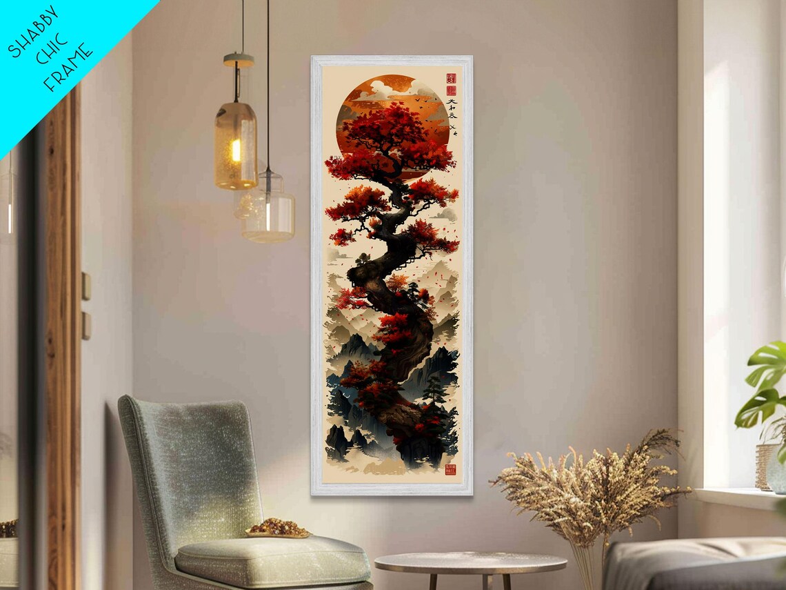 Majestic Bonsai Tree Under Golden Sun Red Leaves Tall Art Print - Image 5