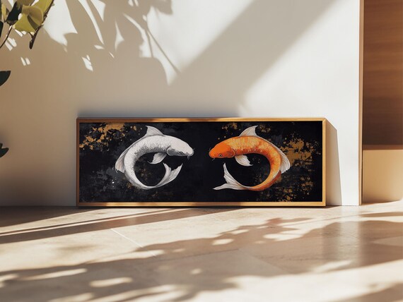 Koi Fish Infinite Sign Framed Print Ready To Hang Wabi Sabi Home Decor Panoramic Extra Wide Art 20 X 60 Wall Art