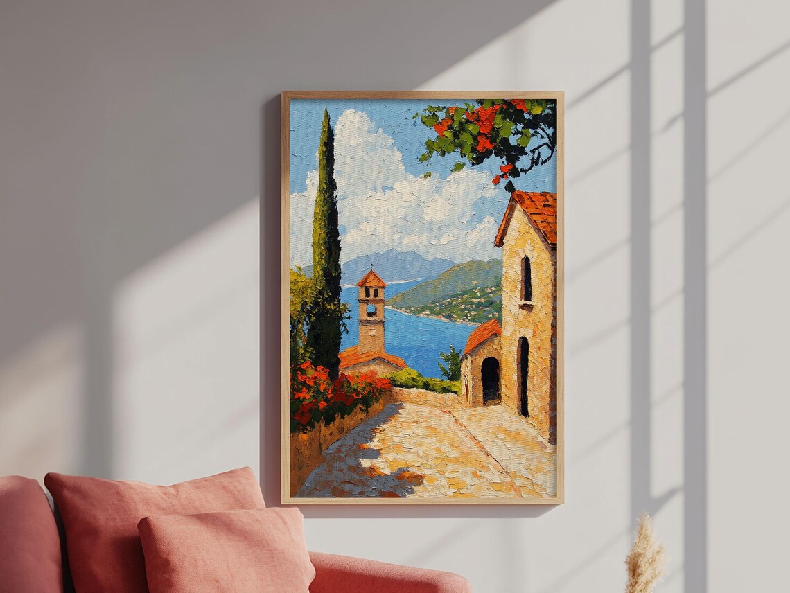 Positano Amalfi Coast Italy Cobbled Lane Sea View Oil Painting Poster - Image 2