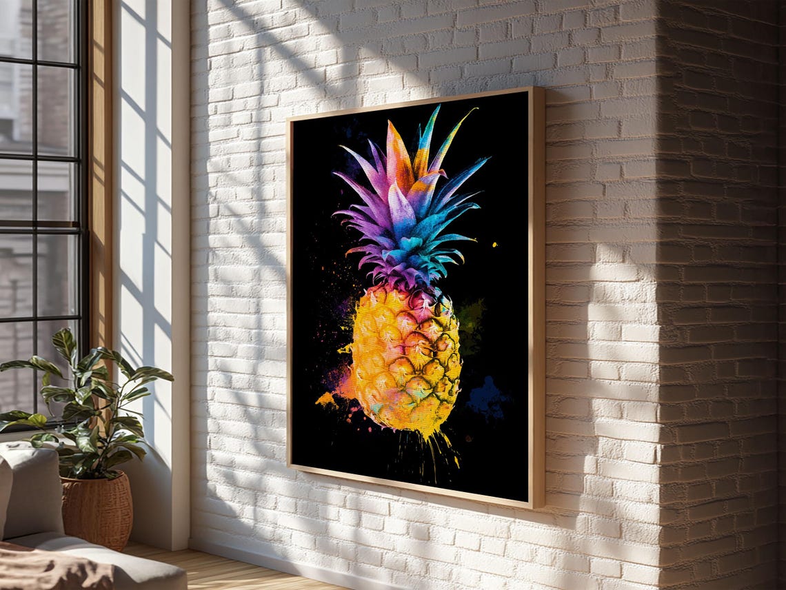 Neon Pineapple Watercolor On Black Background Tropical Wall Art Print