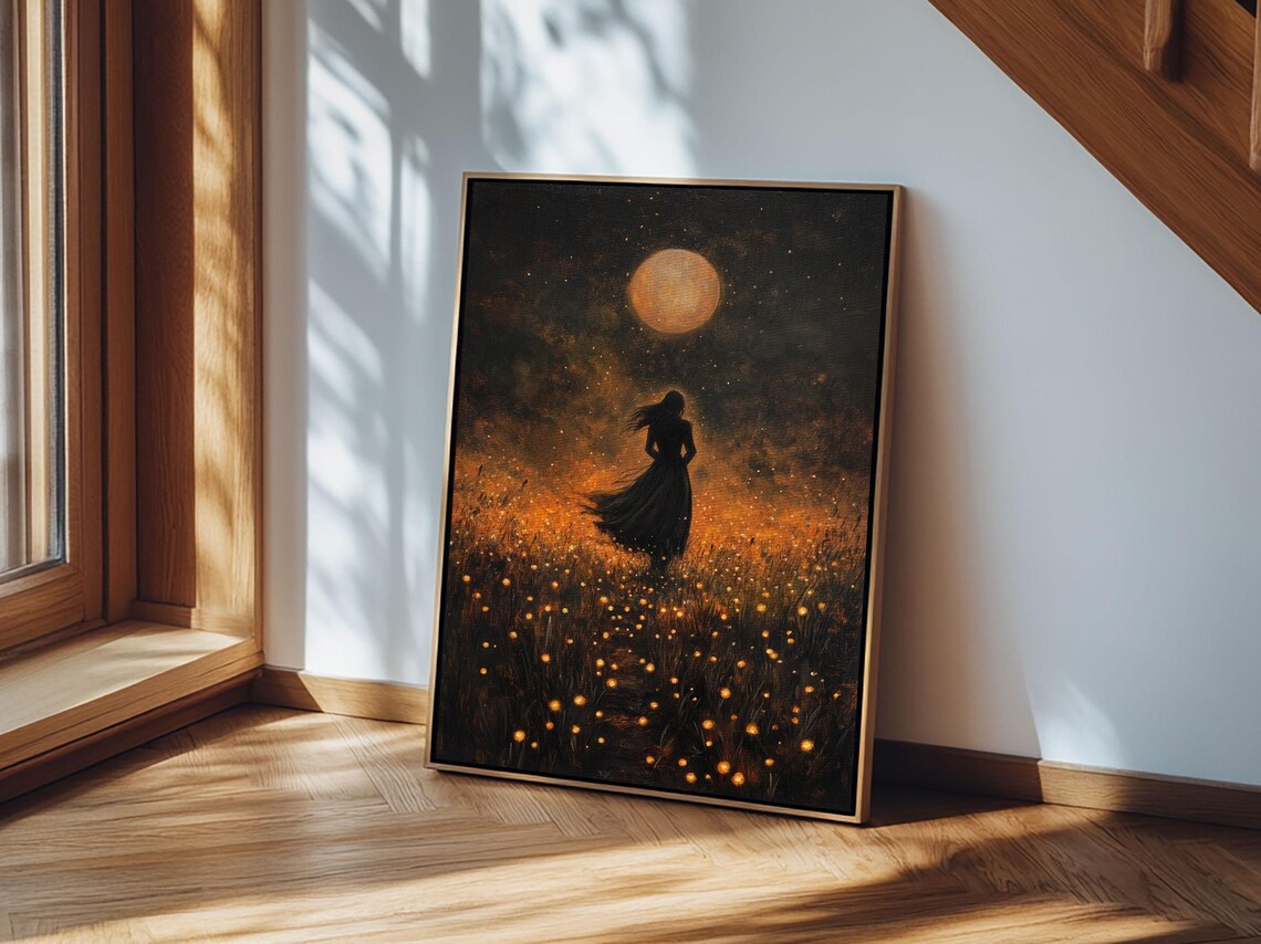 Vintage Witch Under Full Moon Art Print, Gothic Halloween